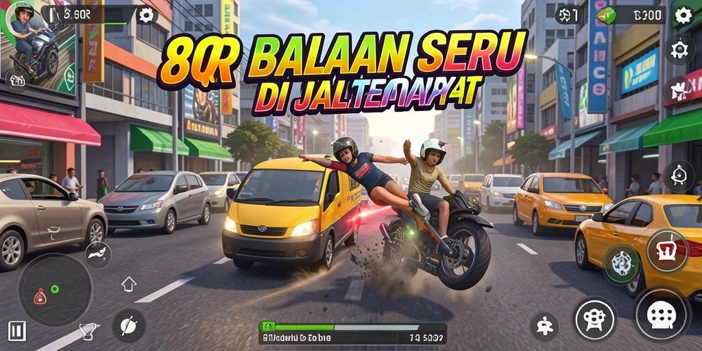 Tangkapan layar utama 8QR menunjukkan aksi balapan yang mendebarkan di jalanan.