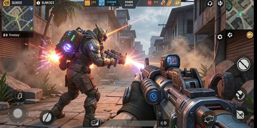 Screenshot gameplay BUMI303 yang memperlihatkan aksi tembak-menembak seru.