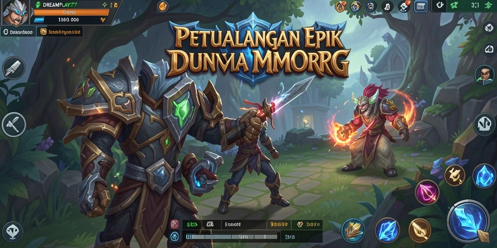 Screenshot utama DREAMPLAY77 menampilkan pertarungan epik di dunia MMORPG.