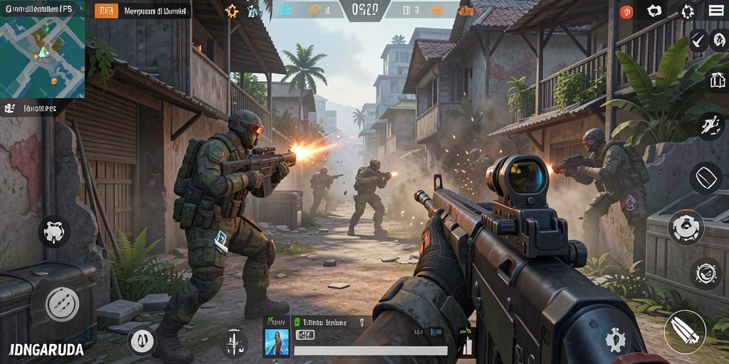 Screenshot gameplay IDNGARUDA yang menunjukkan aksi tembak-menembak intens.