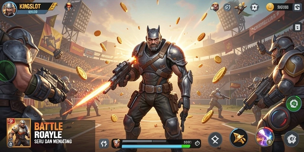 Screenshot KINGSLOT menunjukkan aksi mendebarkan dalam pertempuran Battle Royale.