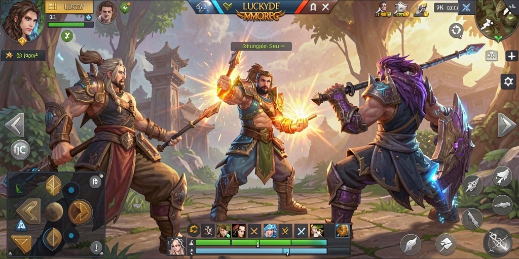 Tangkapan layar gameplay LUCKYDF dengan karakter dan pertempuran yang menakjubkan.