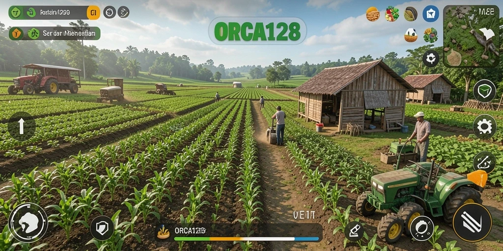 Tangkapan layar gameplay ORCA128 menampilkan aktivitas bertani yang menyenangkan.