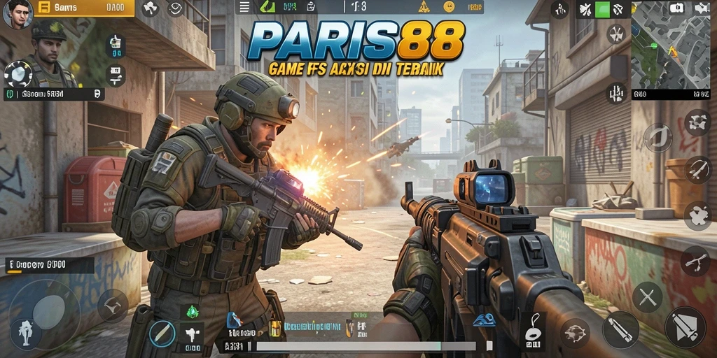 Tampilan dinamis gameplay PARIS88 dengan aksi menembak intens.