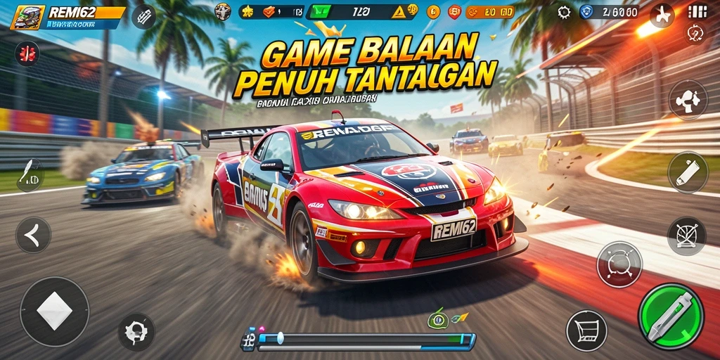 Tampilan gameplay balapan mendebarkan dan penuh aksi di REMI62.
