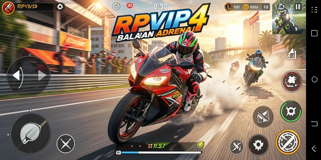 Tampilan gameplay RPVIP4 yang mendebarkan saat balapan motor.