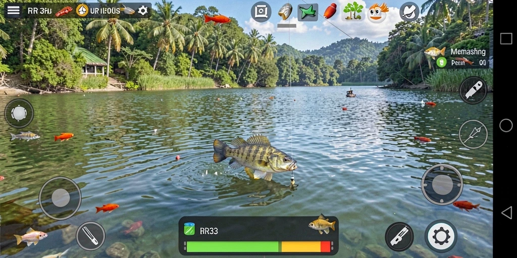 Tampilan gameplay RR33 dengan berbagai lokasi memancing yang menakjubkan.