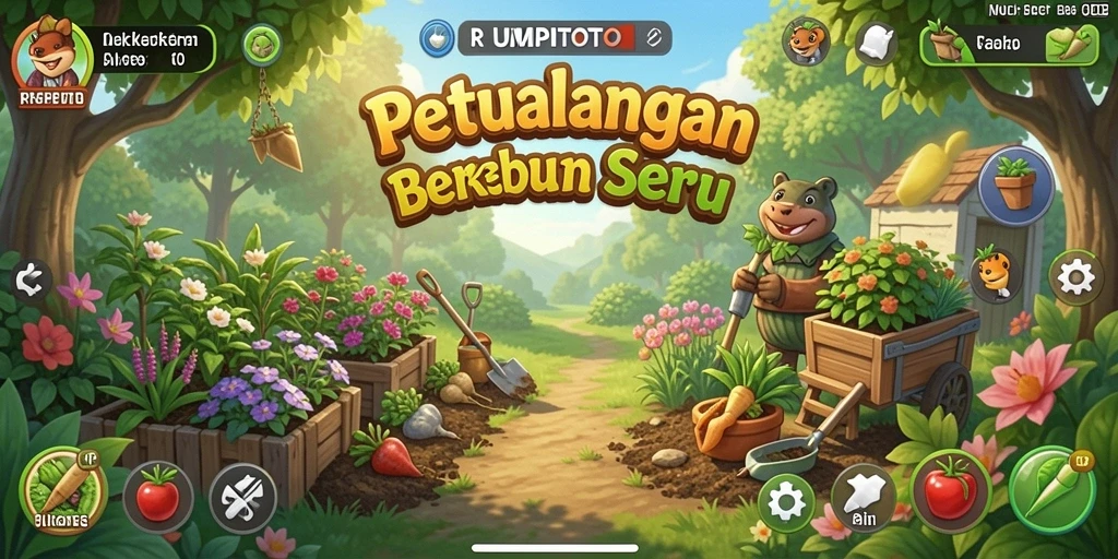Tampilan gameplay seru di RUMPITOTO dengan kebun yang subur.