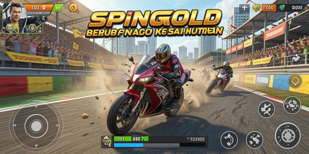 Screenshot SPINGOLD menampilkan balapan motor yang intens dan aksi mendebarkan.