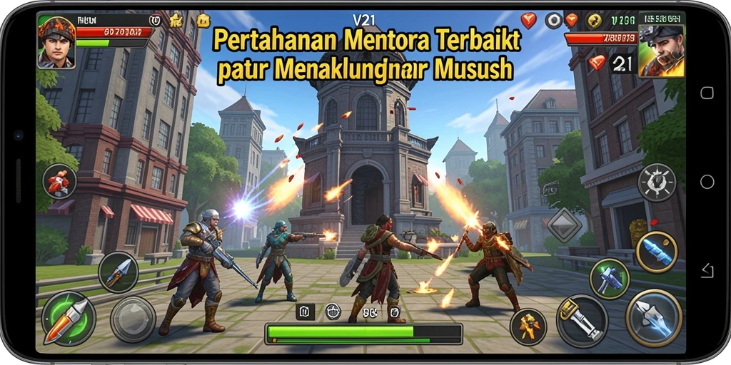Screenshot gameplay V21 menampilkan aksi menara bertahan yang mendebarkan.