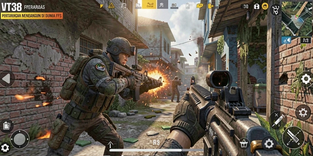 Screenshot gameplay VT38 menunjukkan aksi tembak-menembak yang mendebarkan.